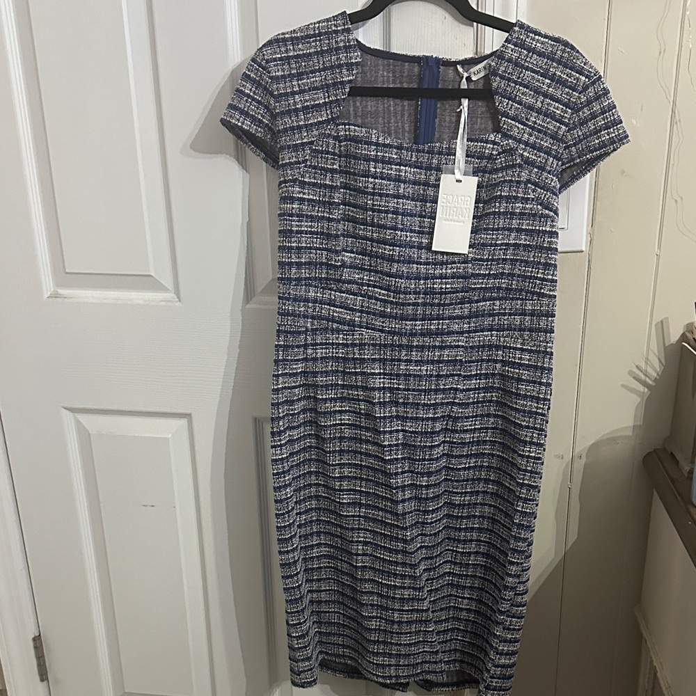 Grace Karin Blue & White Tweed Midi Sheath Dress